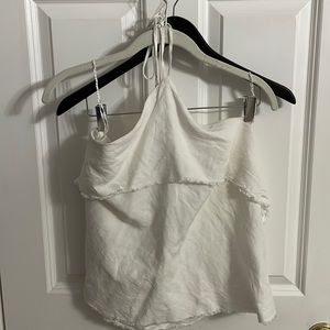 White halter tank top with 1 tier ruffle and low back size L